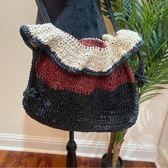 Express Woven Paper Straw Drawstring Three Toned Crossbody Bag - Picture 5 of 16